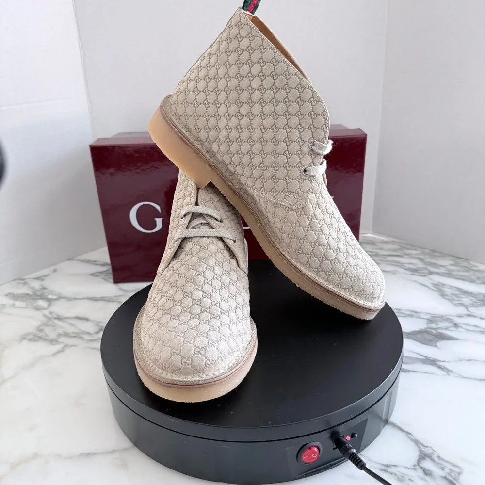 GUCCI GG Suede Desert Boots Embossed Oatmeal Tan Shoe, G 9
